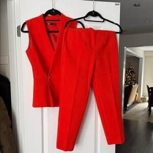 Zara Women's Vibrant Coral Sleeveless Vest Pant Suit